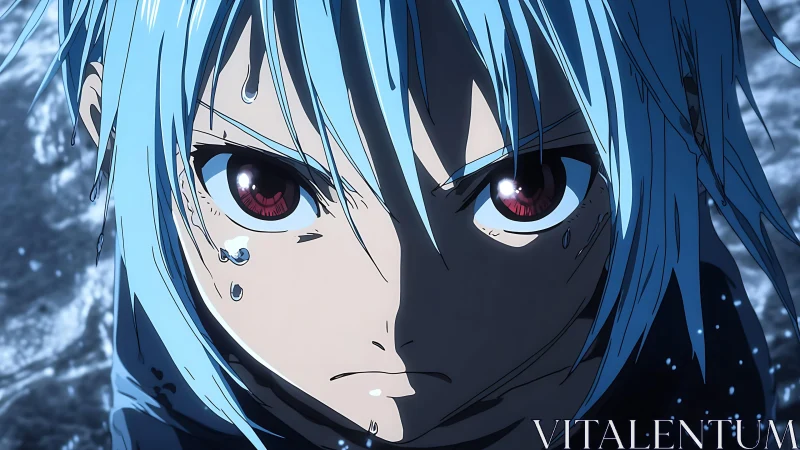 Intense blue haired anime hero under harsh dramatic light.