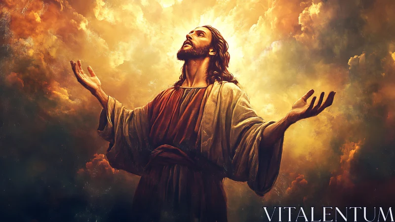 Religious figure with raised arms in glowing golden clouds.