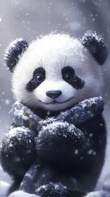 Snow-dusted baby panda cuddles winter like a soft secret.