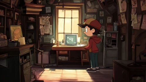 Cartoon boy in dusty attic studio with glowing computer screen.