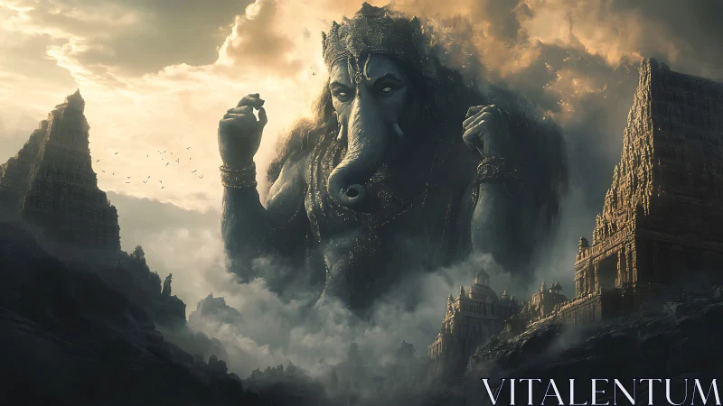Colossal Ganesha deity emerges from storm-laden temple clouds