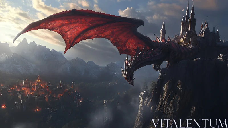 Ancient red dragon looms over a cliffside castle at dusk