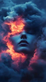 Surreal human face emerging from glowing storm clouds