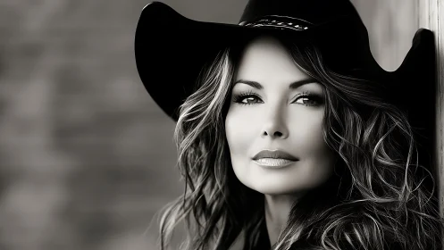 Monochrome portrait of woman in wide-brimmed cowboy hat.