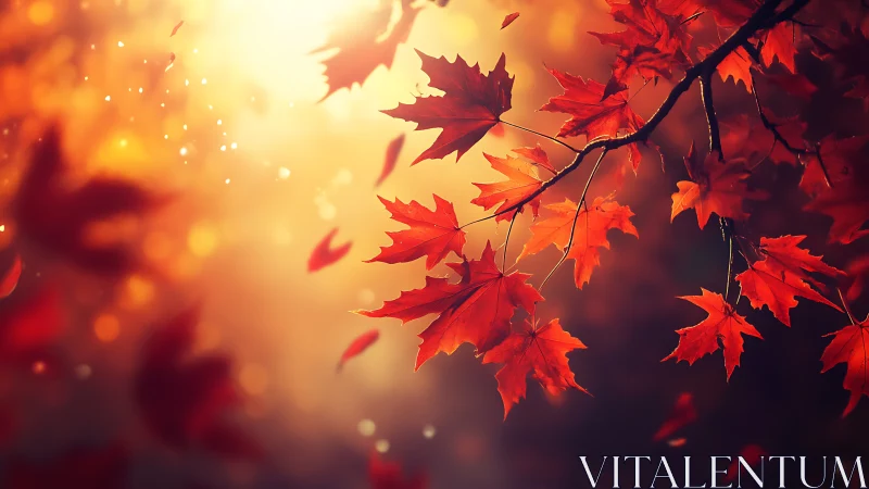 Crimson maple leaves drifting through molten autumn light.