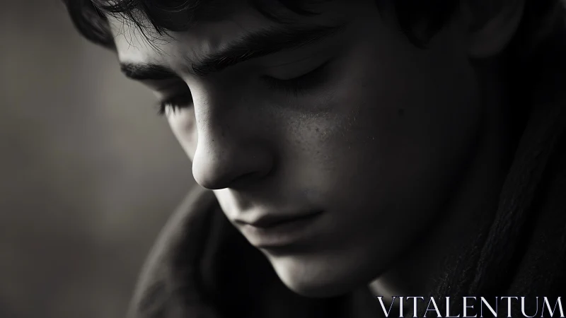 Monochrome close-up portrait in soft chiaroscuro tones.