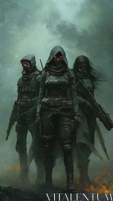 Hooded futuristic soldiers in smoky battlefield scene.
