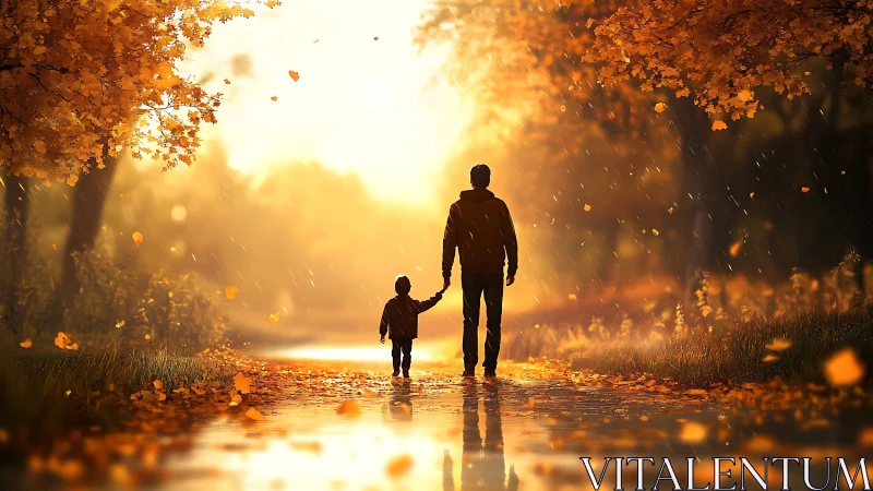 Two figures walk through a wet autumn pathway at sunset