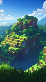 Voxel mountain biome overlooking cubic forested valley lake