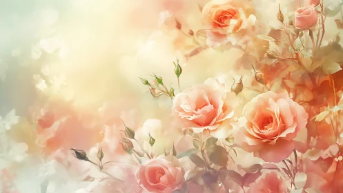 Peachy Blossoms Dance Through Golden Mist.