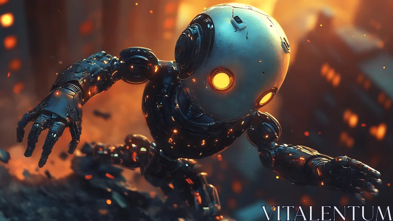 Runaway ember-eyed robot dives through a neon dusk city.