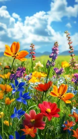 Vibrant Wildflower Meadow Against Cumulus Sky