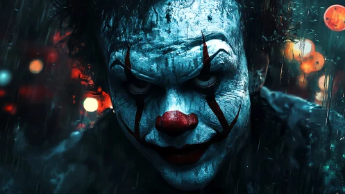 Menacing clown close-up under rain with neon city lights.