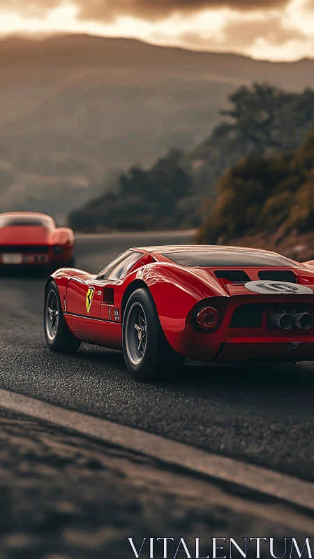 Red sports car on mountain road at sunset with backdrop.
