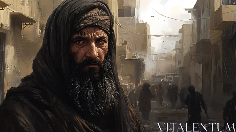 Weathered eyes hold stories as a war torn alley breathes smoke