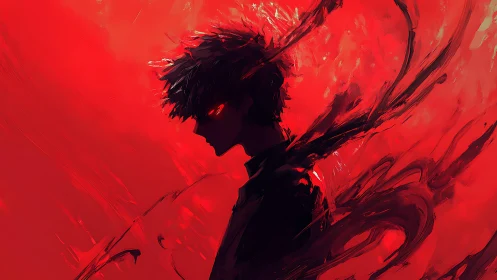 Shadowed ember heart in a storm of vivid crimson light.