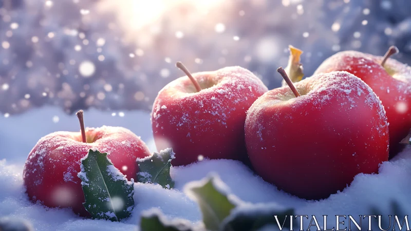 Red apples resting on snow under soft winter light.