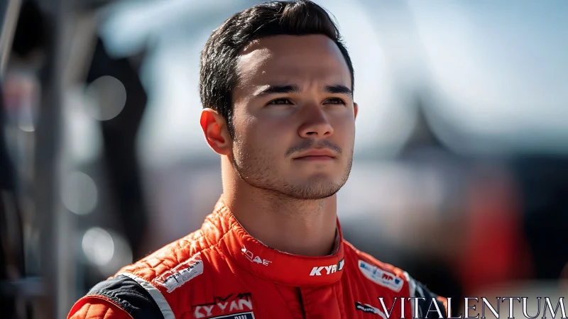 Race driver gazes forward in sharp trackside sunlight.