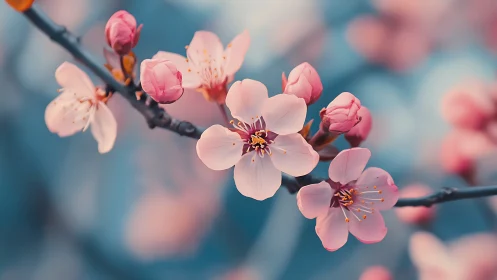 Pink blossoms on dark branch with shallow depth of field.