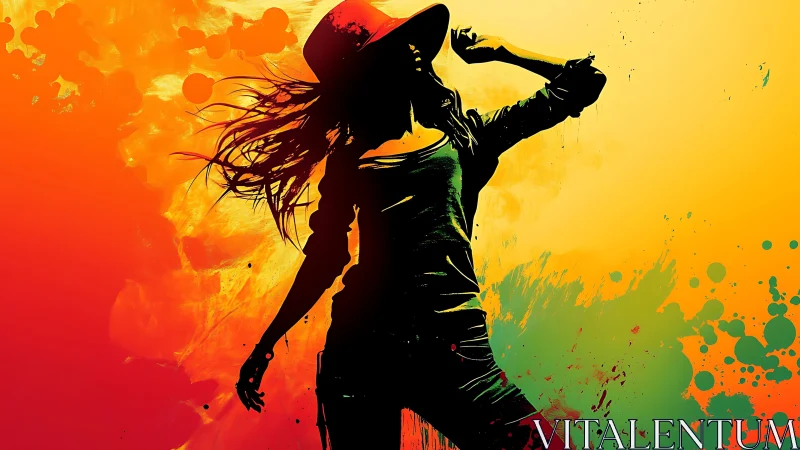 Silhouetted figure in hat stands against gradient paint field