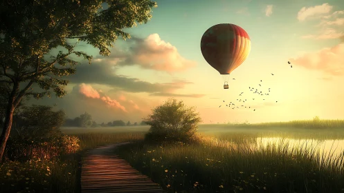 Sunlit meadow invites the wandering hot air balloon home