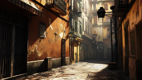 Sunlit Mediterranean alley with textured ochre facades.
