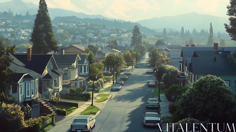 Sunlit residential avenue with vintage cars and layered hills in haze