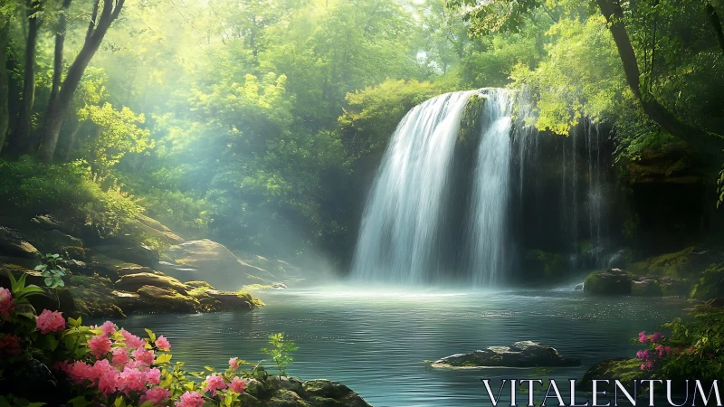 Lush forest waterfall over tranquil turquoise pool at dawn.
