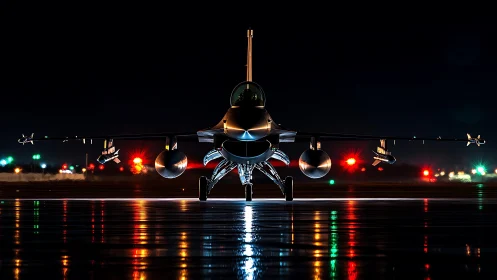 Stealth fighter jet waits on wet runway under vivid lights.