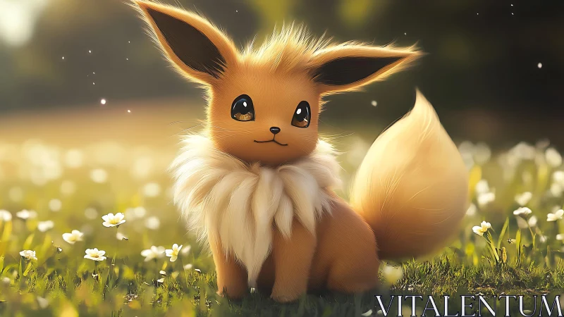 Cute fox-like creature rests in glowing spring meadow.