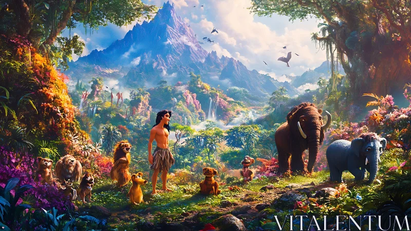 Digital rendering depicting human figure and fauna in mountainous valley landscape.