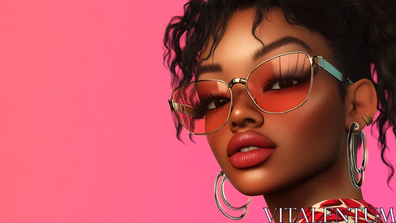 Digital portrait woman with pink sunglasses on neon backdrop.