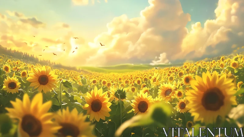 Digital illustration shows extensive sunflower field under clouds