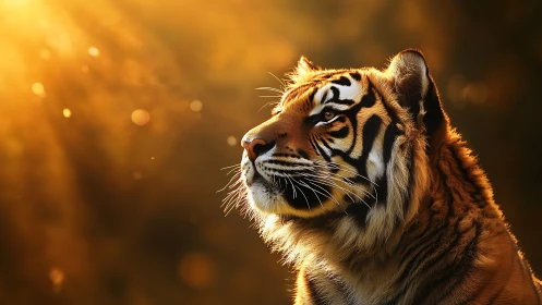 Majestic tiger gazes through golden backlit forest haze