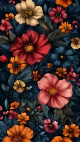 Botanical Cosmos: Layered Floral Composition Against Dark Ground.