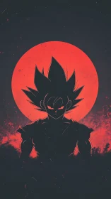Silhouetted spiky haired warrior against bold red moon.