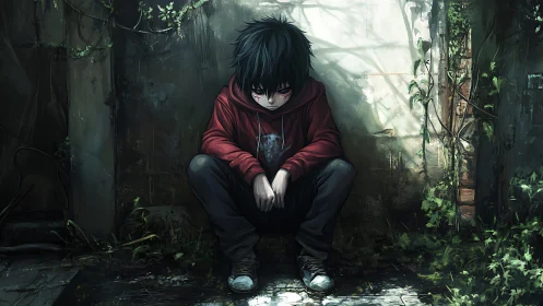 Boy in red hoodie sits alone in overgrown concrete alley