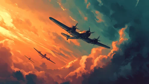 Sunset bombers cutting through dramatic stormlit clouds.