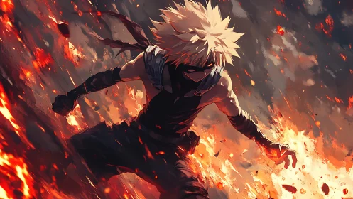 Masked combatant amid erupting flames and flying embers.