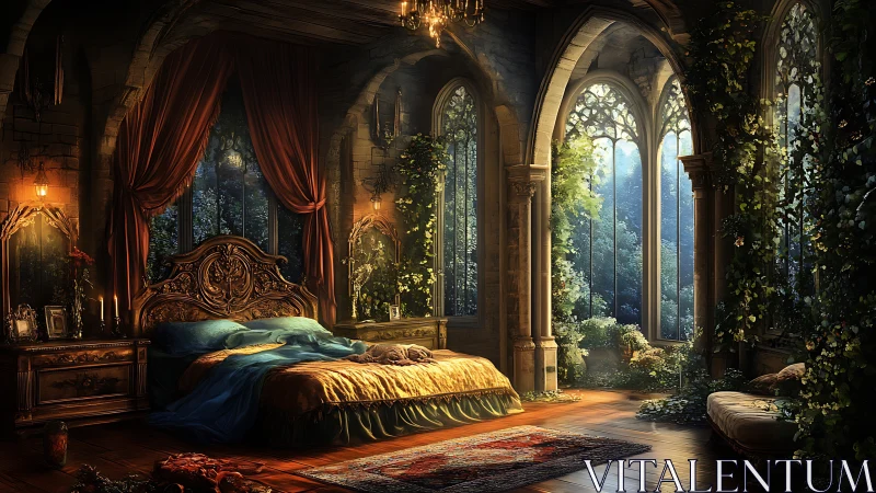 Gothic arbor bedroom with volumetric dawn illumination.