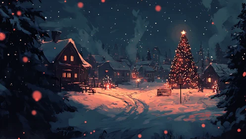 Snow-covered village square displays illuminated winter tree