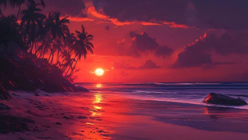 Crimson tropical shoreline under vivid digital sunset glow.