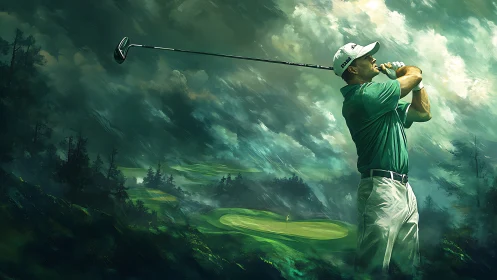 Golfer following through swing on dramatic green course.