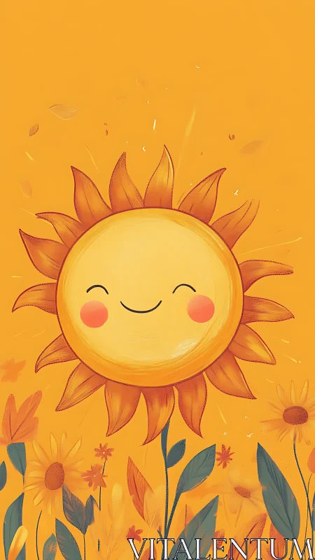 Smiling solar glyph integrated with stylized botanical field.