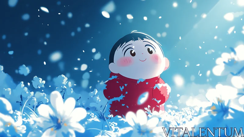 Child in red coat among glowing blue-white blossoms.