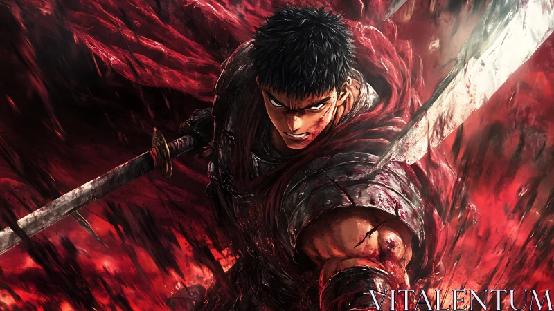 Battle-hardened warrior surges forward through a crimson storm