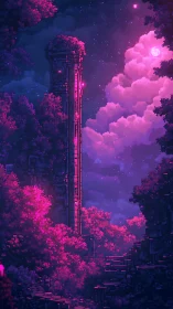 Pixel tower ruins rise amid neon pink forest night sky