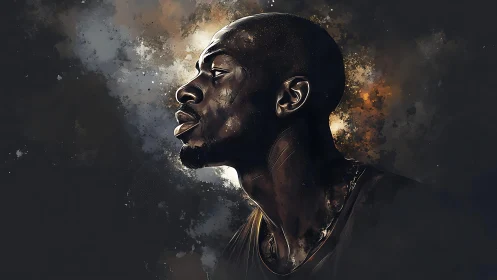 Strong profile portrait glows against a dark cosmic haze