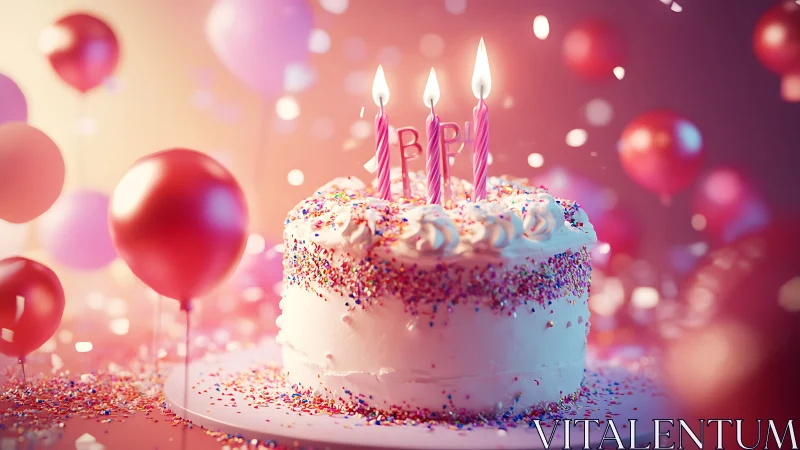 Pink Birthday Cake with Lit Candles in Festive Bokeh Setting.