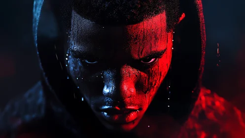 Hooded man&rsquo;s wet face lit by intense red and blue light